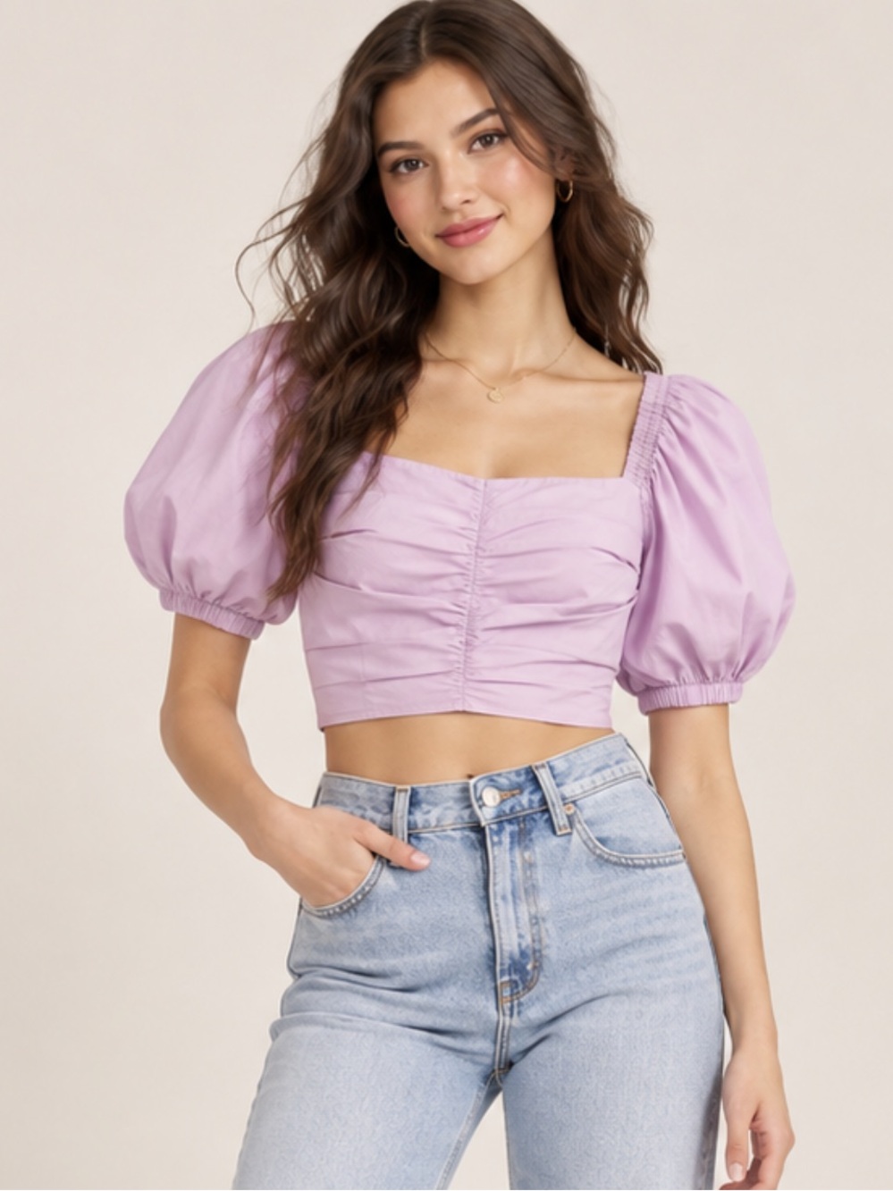 Abercrombie & Fitch Cinched Poplin Pleated Puff Sleeve Crop Top Pink Small